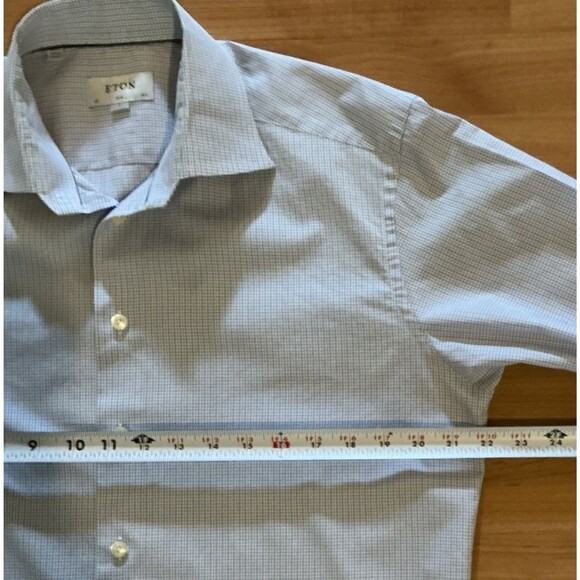 Eton‎ Dress Shirt Slim Blue Long Sleeve Button Up Micro Check Preppy Mens Large - Picture 7 of 12